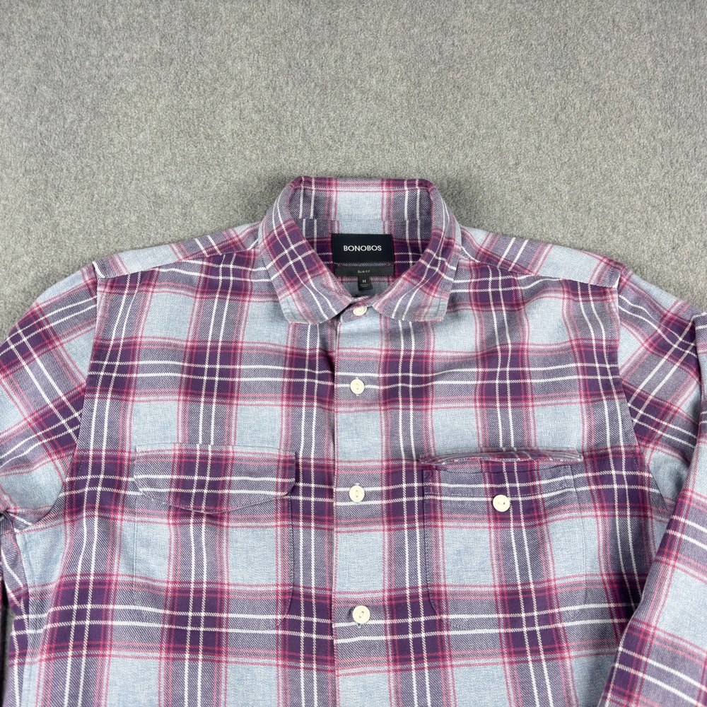 Bonobos Shirt Mens M Purple Gray Plaid Slim Fit Long Sleeve Button Front Pocket